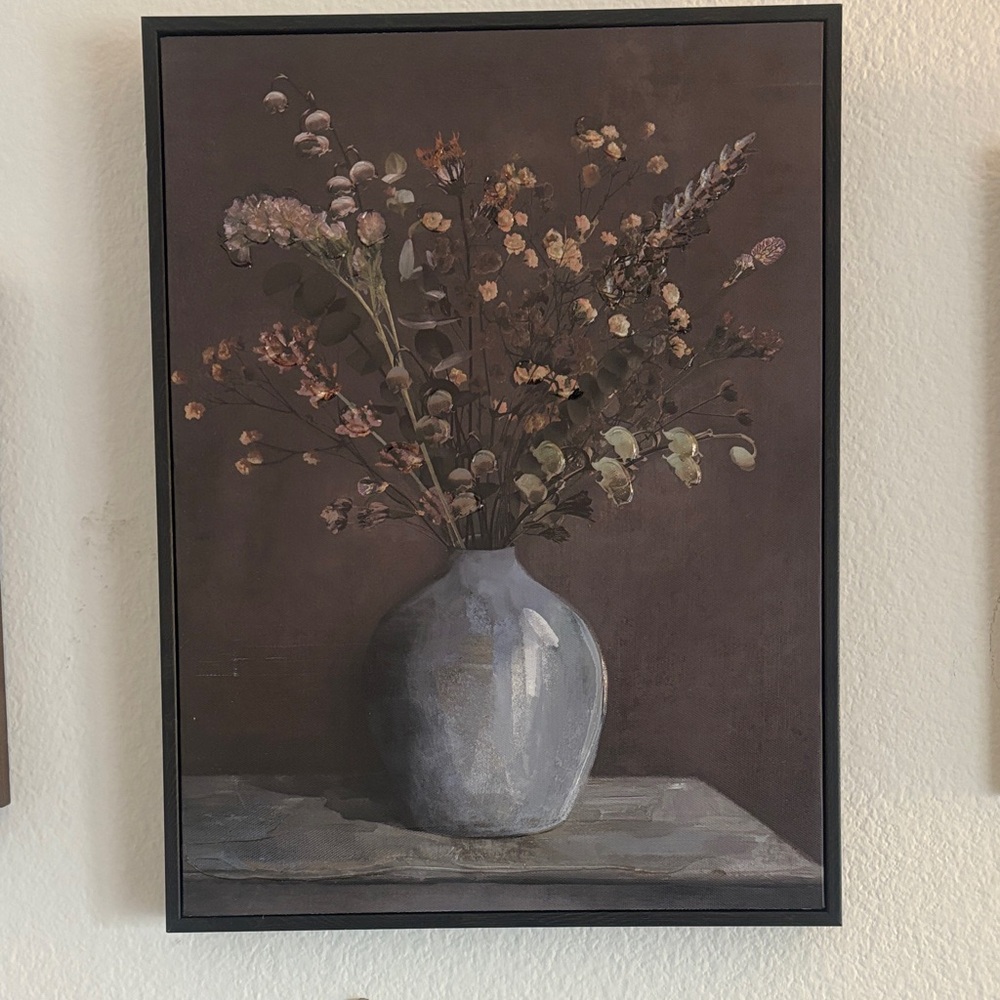 Neutral Floral Vase Wall Art - Gray Vase on Brown Background